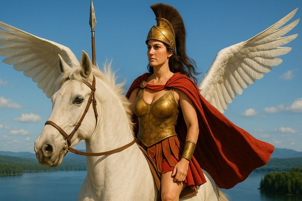 Athena, the ancient Greek goddess of wisdom and war, wearing bronze armor and a red cape, riding a white winged horse — a symbol of divine power, strategy, and mythological strength.
