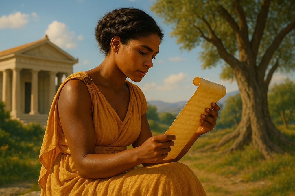 Ancient Greek woman reading a scroll near a classical temple — representing timeless wisdom and historical inspiration