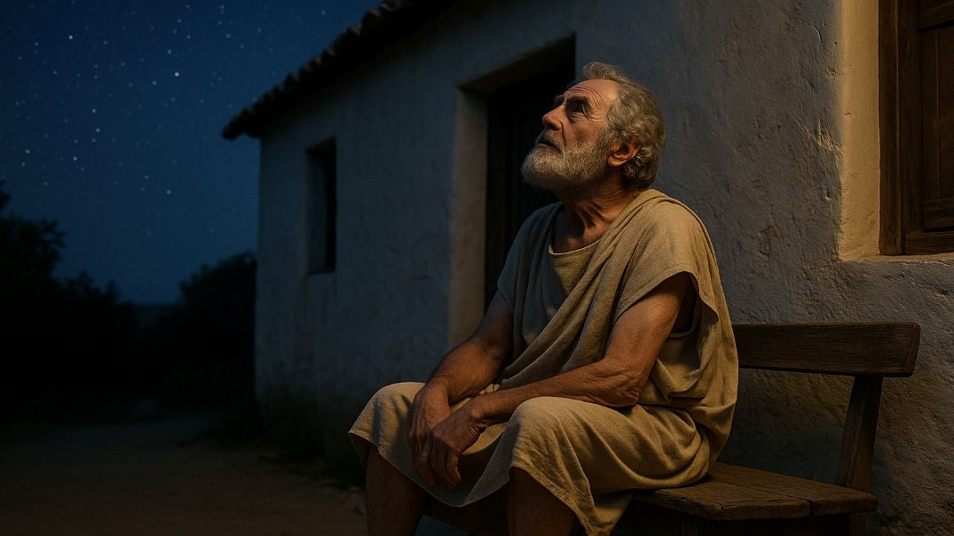 Aristarchus of Samos sitting on a bench, looking at the night sky