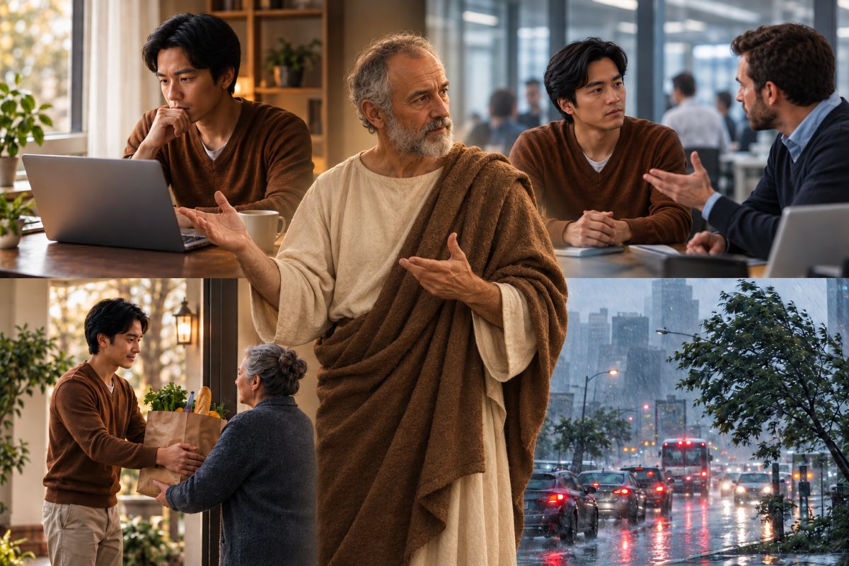  Ancient philosopher surrounded by modern scenes of a man reflecting at a laptop, helping a woman, listening to a coworker, and traffic in heavy rain.