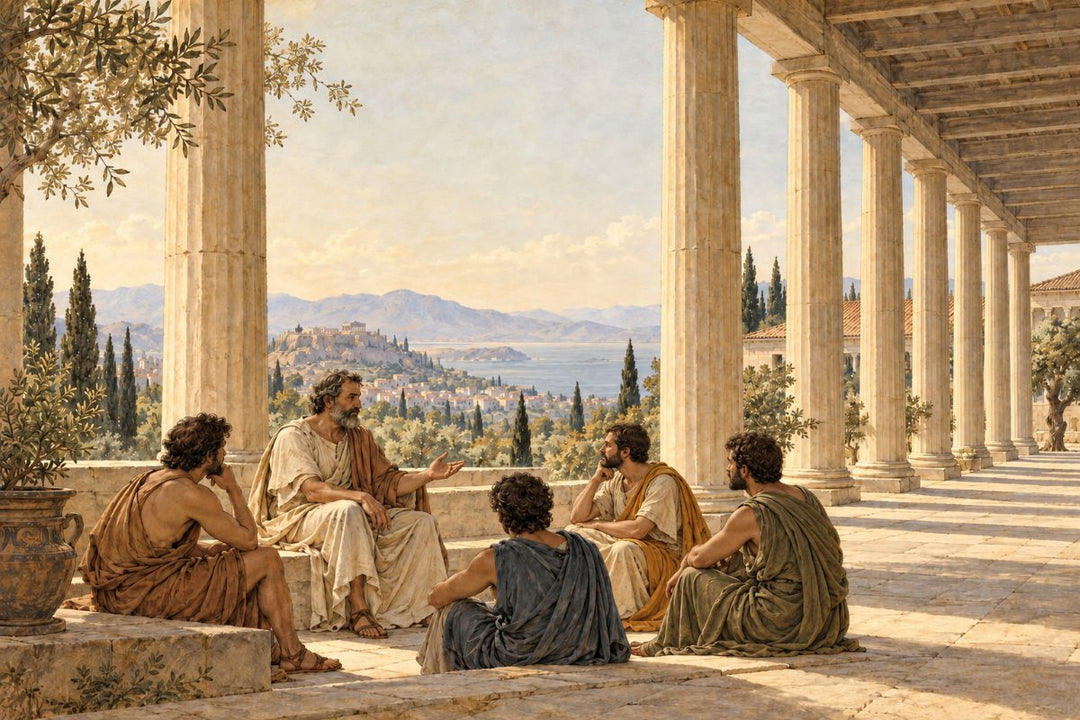 Illustration of a philosopher in ancient Greece discussing ideas with four male listeners beneath a colonnade.