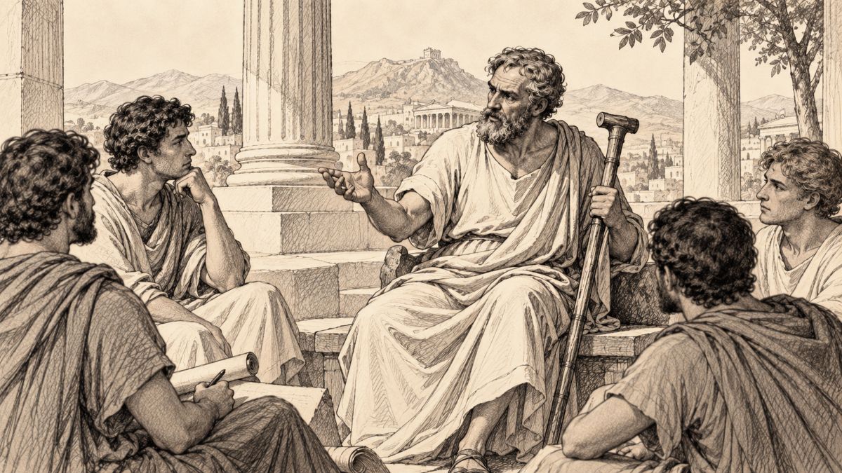 Sepia-toned sketch of Epictetus teaching Stoic philosophy to a group of students in ancient Greece.
