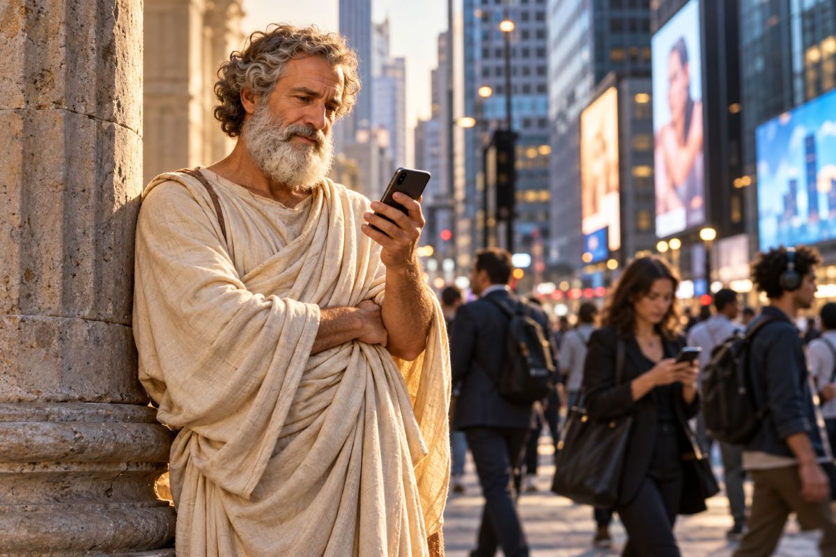Ancient philosopher holding a smartphone beside a stone column on a busy modern city street