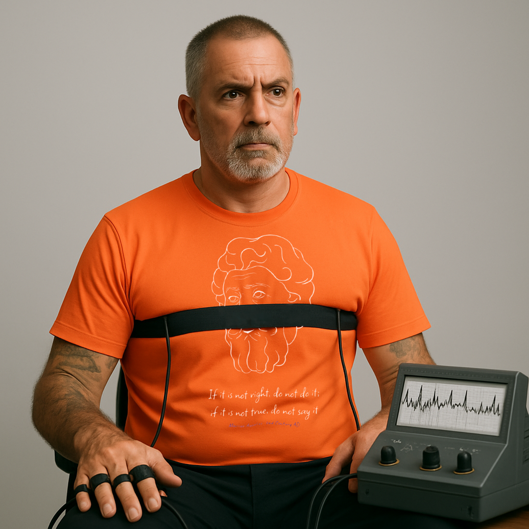 Man connected to a polygraph machine, wearing a coral t-shirt featuring a white line-drawing of Marcus Aurelius’ head. Below the graphic is the quote: “If it is not right, do not do it; if it is not true, do not say it,” with blue text reading “Marcus Aurelius, 2nd Century AD.”