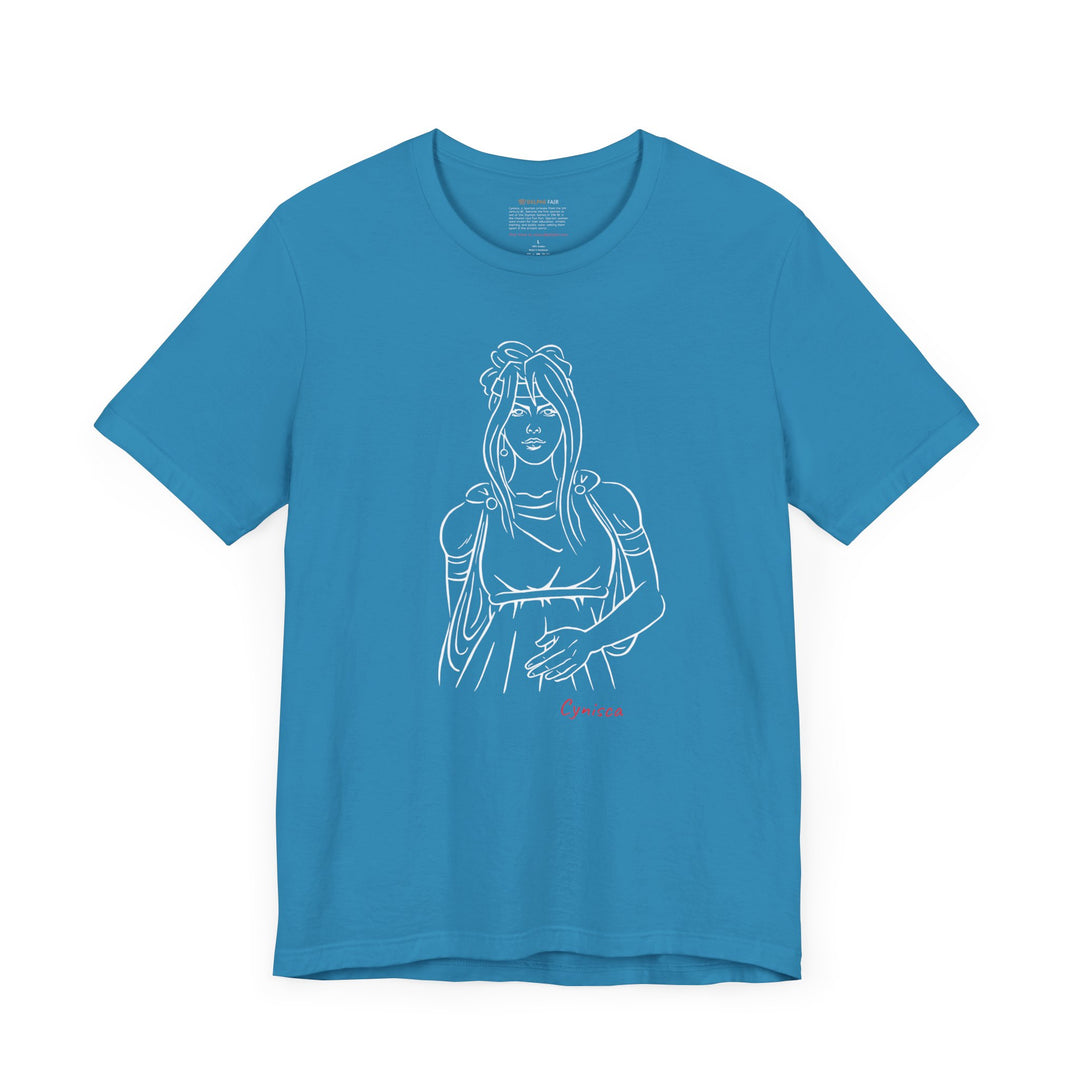 Aqua t-shirt with a white line graphic of Cynisca in ancient-style casual clothing, with flowing hair and a calm expression, and the red text 'Cynisca' below the design.
