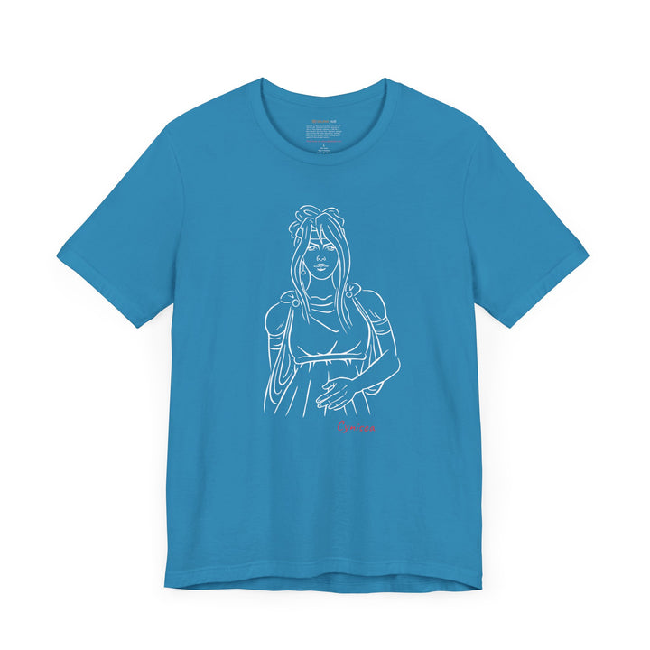 Aqua t-shirt with a white line graphic of Cynisca in ancient-style casual clothing, with flowing hair and a calm expression, and the red text 'Cynisca' below the design.