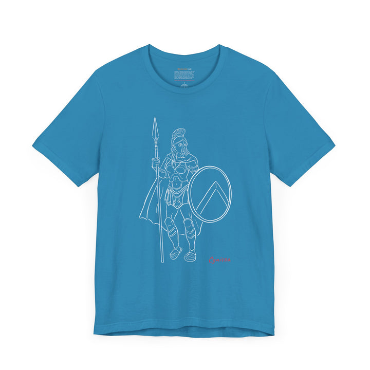 Aqua t-shirt with a white line graphic of Cynisca standing in full Spartan armor, holding a spear and a round shield with a lambda symbol, with the red text 'Cynisca' below the design.