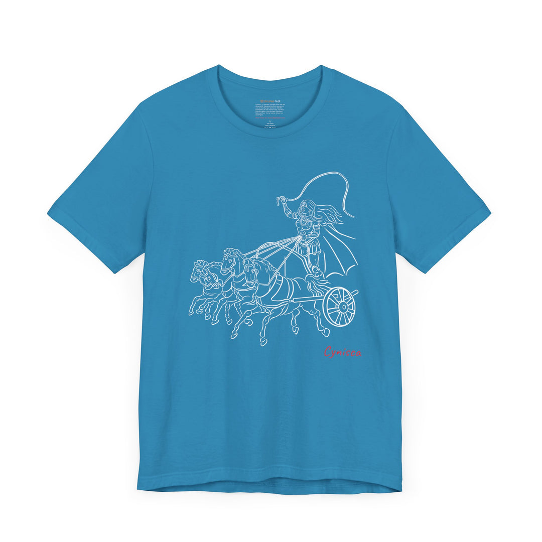 Aqua t-shirt with a white line graphic of Cynisca riding a four-horse chariot, wearing armor and a cape, with the red text 'Cynisca' below the design.