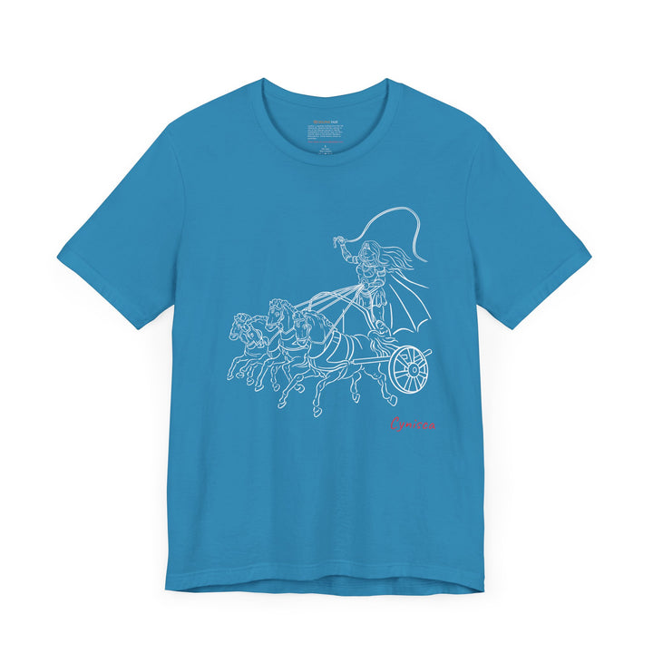 Aqua t-shirt with a white line graphic of Cynisca riding a four-horse chariot, wearing armor and a cape, with the red text 'Cynisca' below the design.