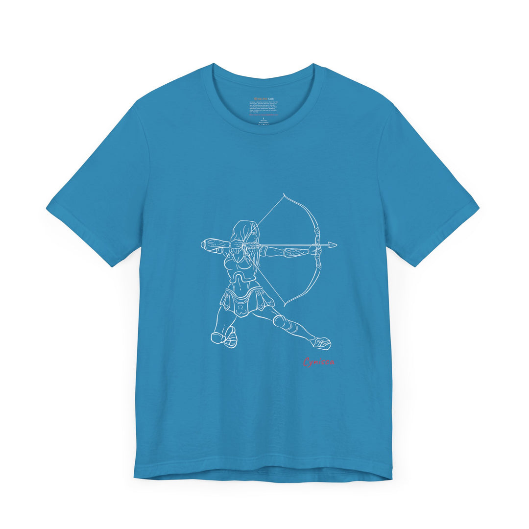 Aqua t-shirt with a white line graphic of Cynisca in armor kneeling and drawing a bow, aiming an arrow forward, with the red text 'Cynisca' below the design.