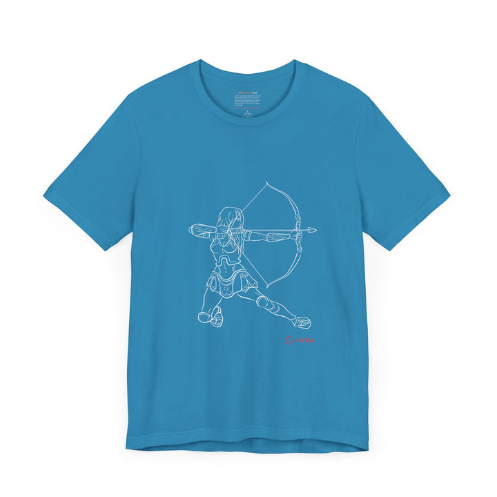 Aqua t-shirt with a white line graphic of Cynisca in armor kneeling and drawing a bow, aiming an arrow forward, with the red text 'Cynisca' below the design.