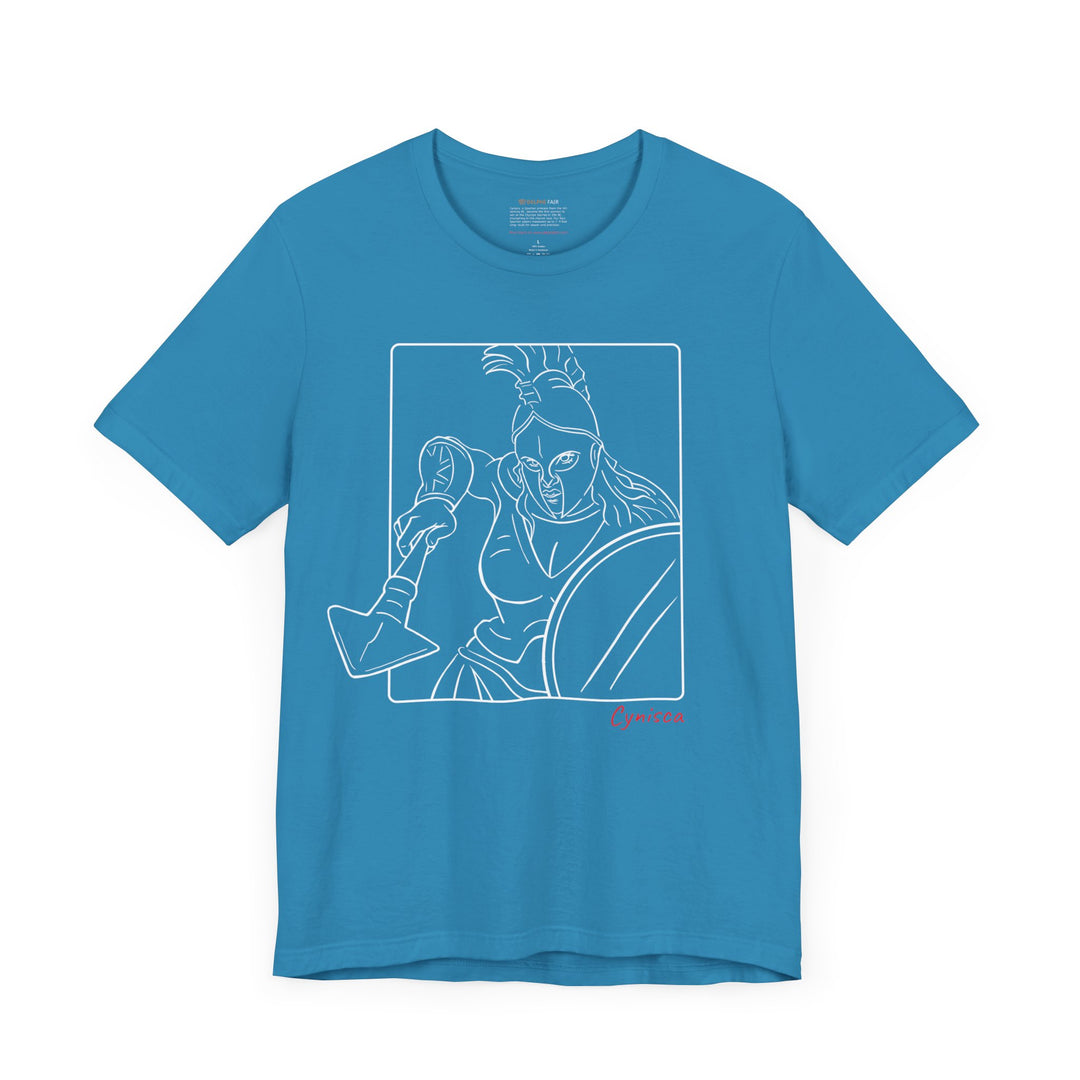 Aqua t-shirt with a white line graphic of Cynisca in a dynamic close-up pose, wearing a helmet and holding spear and shield inside a rectangular frame, with the red text 'Cynisca' below the design.