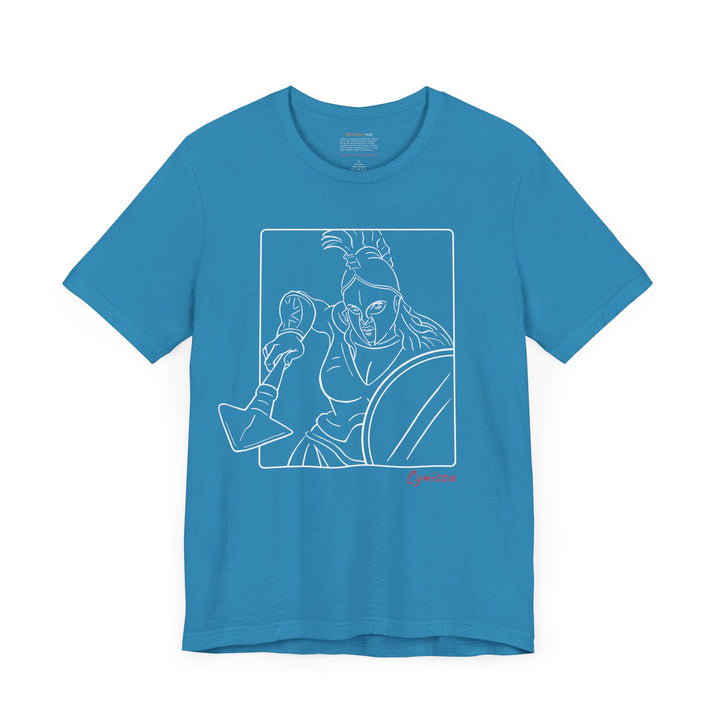 Aqua t-shirt with a white line graphic of Cynisca in a dynamic close-up pose, wearing a helmet and holding spear and shield inside a rectangular frame, with the red text 'Cynisca' below the design.