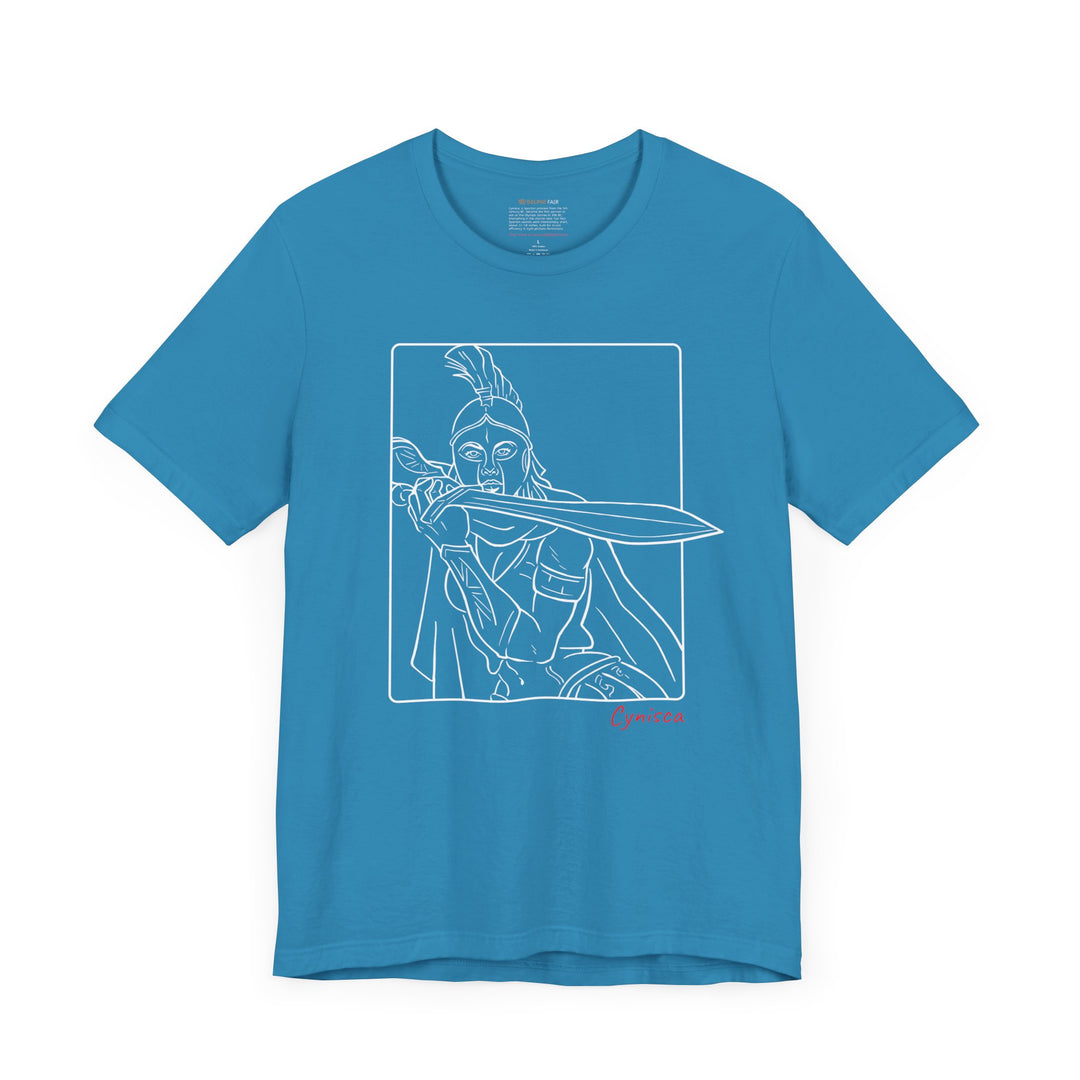 Aqua t-shirt with a white line graphic of Cynisca in a dramatic close-up pose, holding a sword across her chest inside a rectangular frame, with the red text 'Cynisca' below the design.