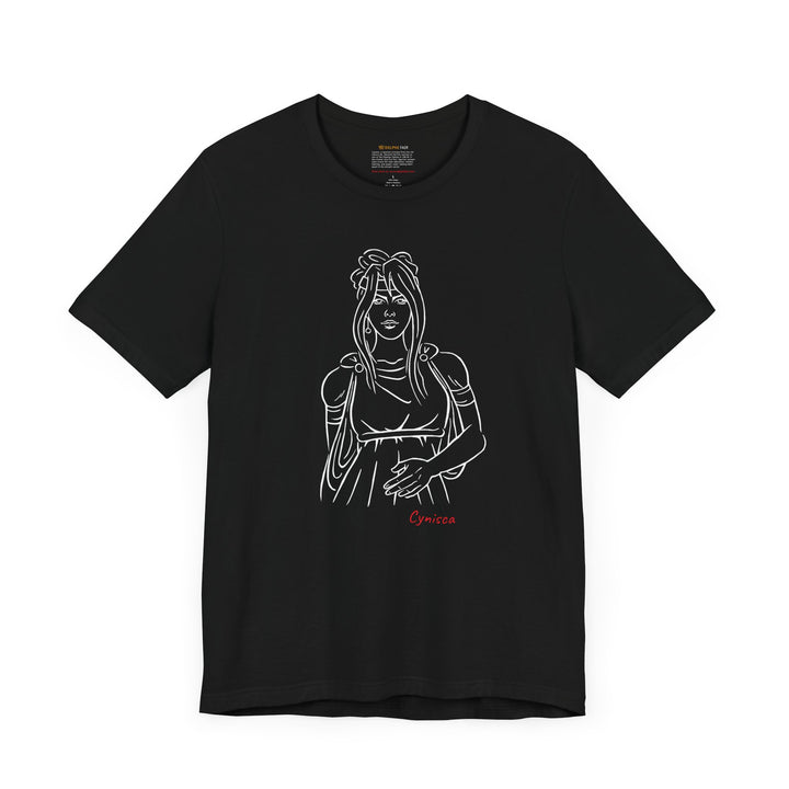 Black t-shirt with a white line graphic of Cynisca in ancient-style casual clothing, with flowing hair and a calm expression, and the red text 'Cynisca' below the design.