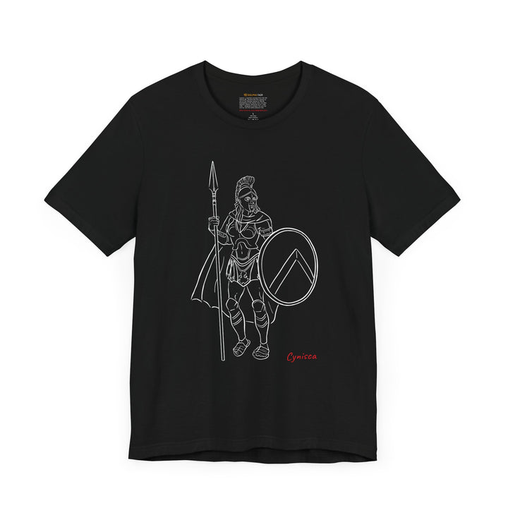 Black t-shirt with a white line graphic of Cynisca standing in full Spartan armor, holding a spear and a round shield with a lambda symbol, with the red text 'Cynisca' below the design.