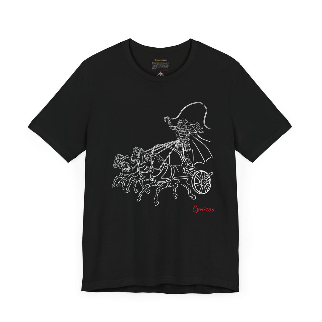 Black t-shirt with a white line graphic of Cynisca riding a four-horse chariot, wearing armor and a cape, with the red text 'Cynisca' below the design.