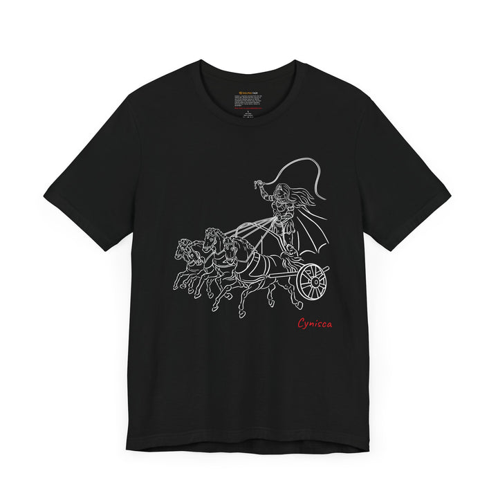 Black t-shirt with a white line graphic of Cynisca riding a four-horse chariot, wearing armor and a cape, with the red text 'Cynisca' below the design.