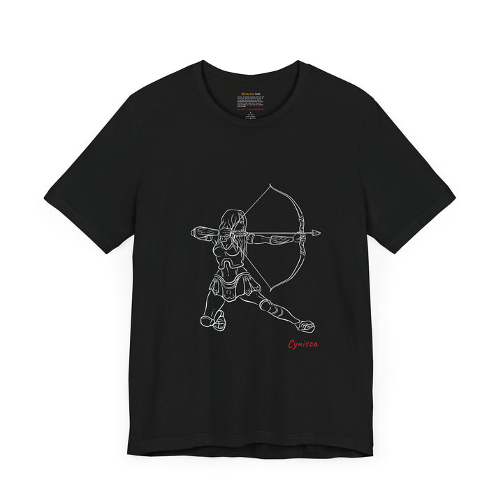 Black t-shirt with a white line graphic of Cynisca in armor kneeling and drawing a bow, aiming an arrow forward, with the red text 'Cynisca' below the design.