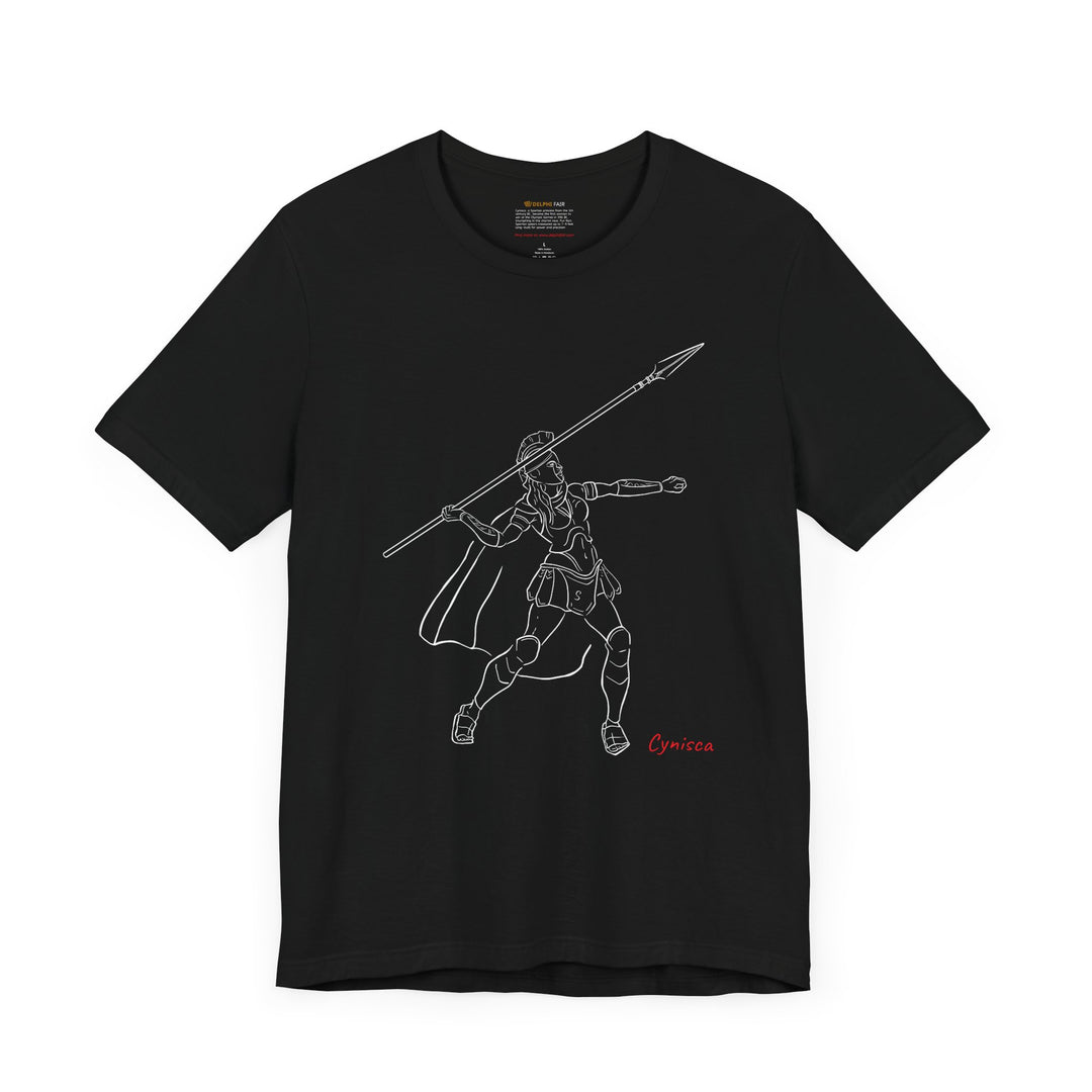 Black t-shirt with a white line graphic of Cynisca in Spartan armor mid-action, throwing a spear with an extended arm, and the red text 'Cynisca' below the design.