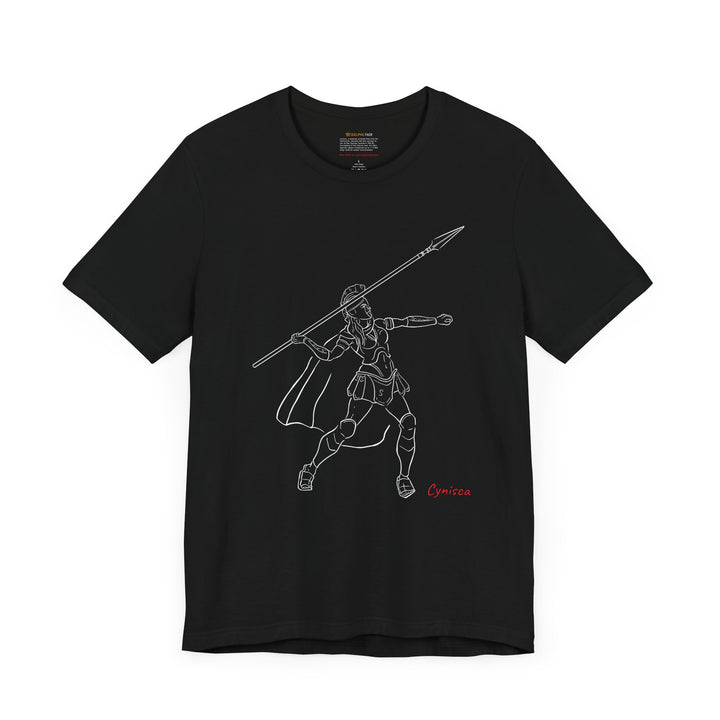 Black t-shirt with a white line graphic of Cynisca in Spartan armor mid-action, throwing a spear with an extended arm, and the red text 'Cynisca' below the design.