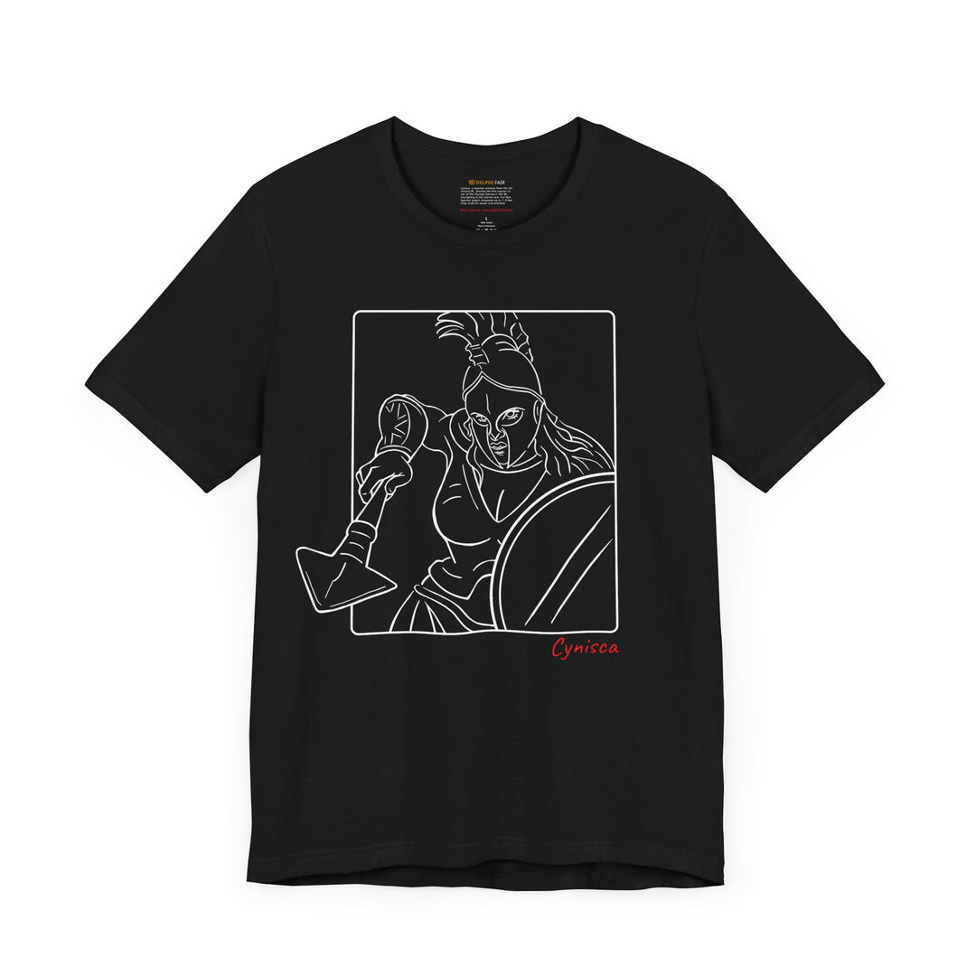 Black t-shirt with a white line graphic of Cynisca in a dynamic close-up pose, wearing a helmet and holding spear and shield inside a rectangular frame, with the red text 'Cynisca' below the design.