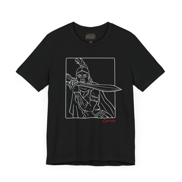 Black t-shirt with a white line graphic of Cynisca in a dramatic close-up pose, holding a sword across her chest inside a rectangular frame, with the red text 'Cynisca' below the design.