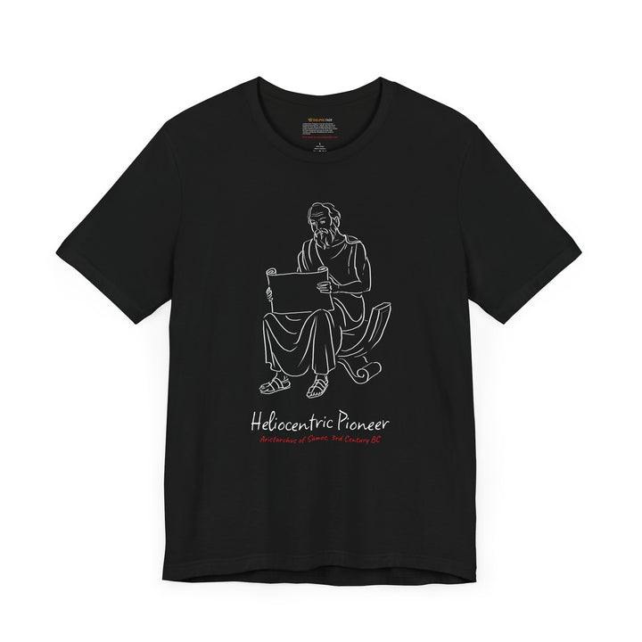 Black t-shirt featuring a white graphic of Aristarchus sitting and reading a scroll, with the text 'Heliocentric Pioneer' and the red text 'Aristarchus of Samos, 3rd Century BC' below.