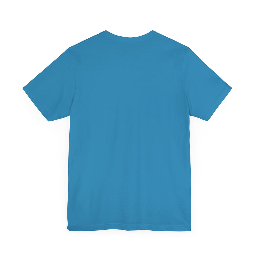 Back of a blue t-shirt with no text or design

