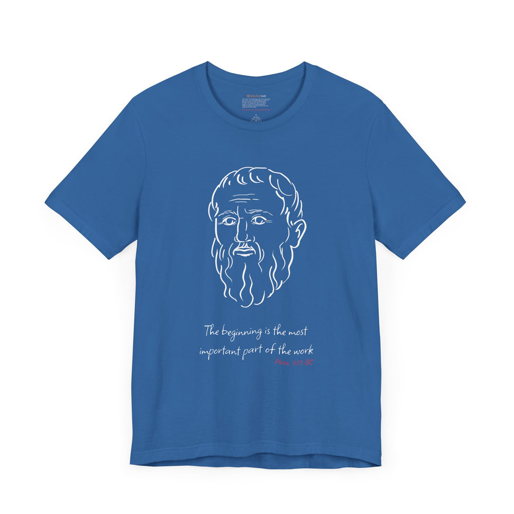 Blue t-shirt with a white graphic of Plato's head, the quote 'The beginning is the most important part of the work,' and the red text 'Plato 375 BC' below.