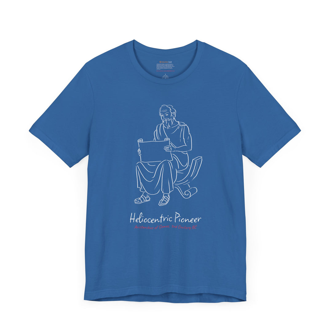 Blue t-shirt featuring a white graphic of Aristarchus sitting and reading a scroll, with the text 'Heliocentric Pioneer' and the red text 'Aristarchus of Samos, 3rd Century BC' below.