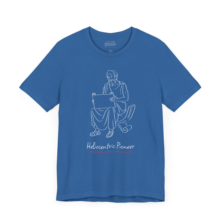 Blue t-shirt featuring a white graphic of Aristarchus sitting and reading a scroll, with the text 'Heliocentric Pioneer' and the red text 'Aristarchus of Samos, 3rd Century BC' below.