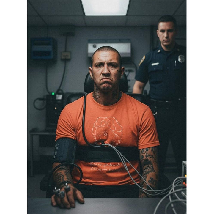 A serious-looking man undergoing a polygraph test. He is wearing an orange t-shirt with a white line drawing of Marcus Aurelius's head, the quote 'If it is not right, do not do it. If it is not true, do not say it,' and the text 'Marcus Aurelius, 2nd Century AD' below."
