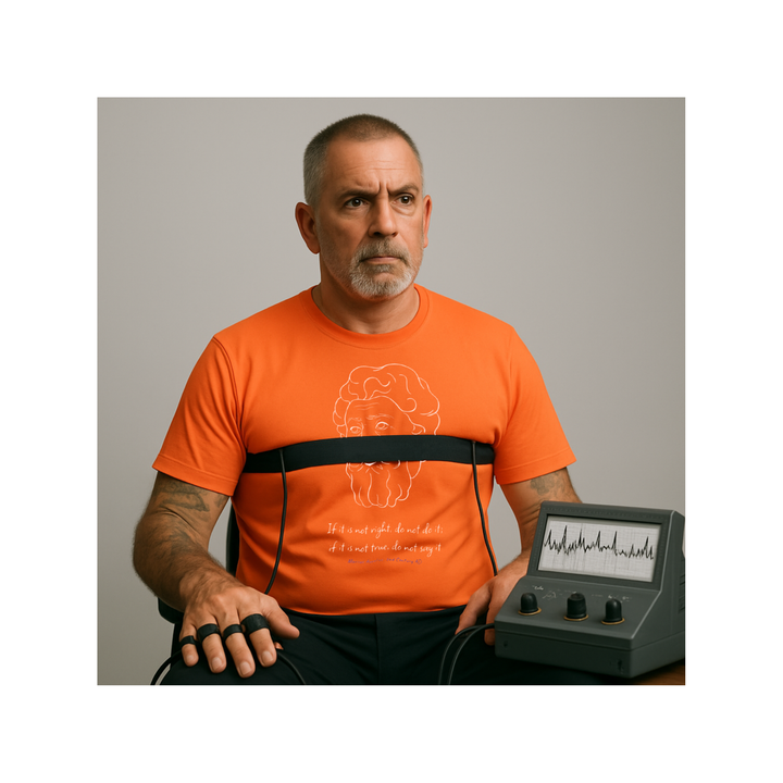 A serious-looking man undergoing a polygraph test. He is wearing an orange t-shirt with a white line drawing of Marcus Aurelius's head, the quote 'If it is not right, do not do it. If it is not true, do not say it,' and the text 'Marcus Aurelius, 2nd Century AD' below."