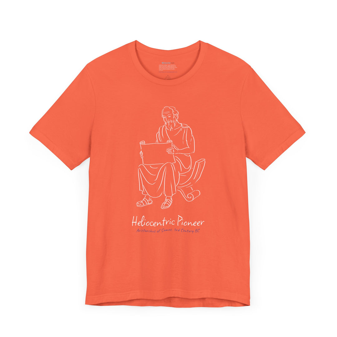 Coral t-shirt featuring a white graphic of Aristarchus sitting and reading a scroll, with the text 'Heliocentric Pioneer' and the blue text 'Aristarchus of Samos, 3rd Century BC' below.