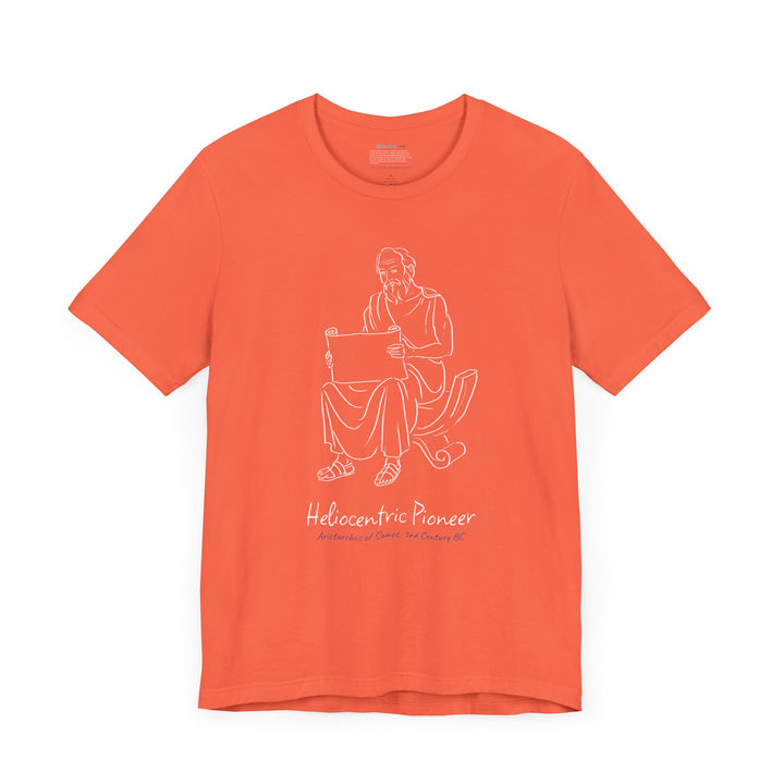 Coral t-shirt featuring a white graphic of Aristarchus sitting and reading a scroll, with the text 'Heliocentric Pioneer' and the blue text 'Aristarchus of Samos, 3rd Century BC' below.
