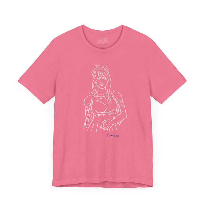 Dark-pink t-shirt with a white line graphic of Cynisca in ancient-style casual clothing, with flowing hair and a calm expression, and the blue text 'Cynisca' below the design.