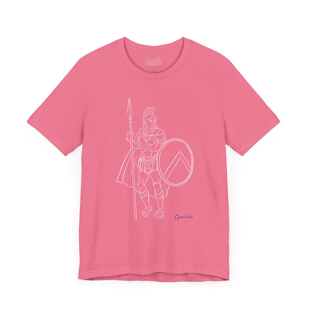 Dark-pink t-shirt with a white line graphic of Cynisca standing in full Spartan armor, holding a spear and a round shield with a lambda symbol, with the blue text 'Cynisca' below the design.