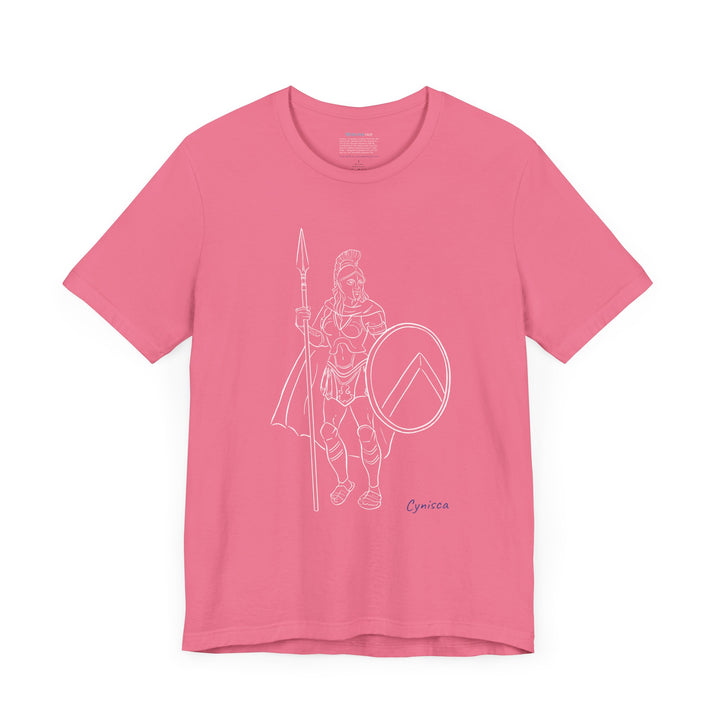 Dark-pink t-shirt with a white line graphic of Cynisca standing in full Spartan armor, holding a spear and a round shield with a lambda symbol, with the blue text 'Cynisca' below the design.