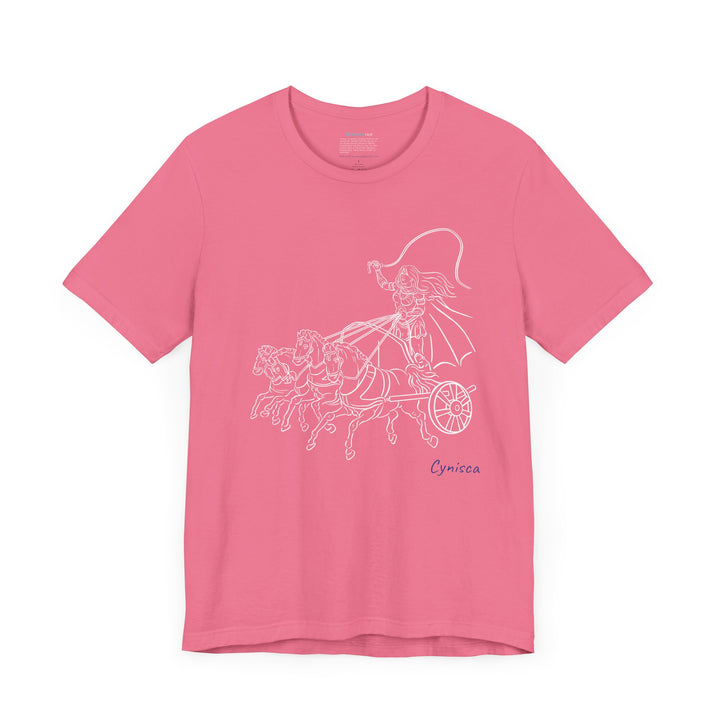 Dark-pink t-shirt with a white line graphic of Cynisca riding a four-horse chariot, wearing armor and a cape, with the blue text 'Cynisca' below the design.
