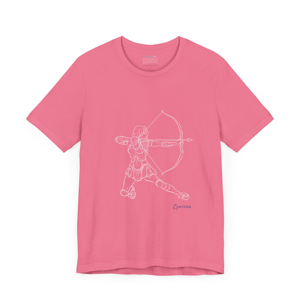 Dark-pink t-shirt with a white line graphic of Cynisca in armor kneeling and drawing a bow, aiming an arrow forward, with the blue text 'Cynisca' below the design.