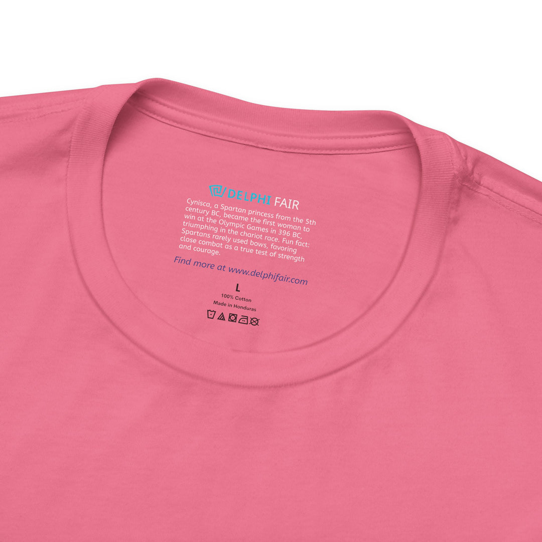 Close-up of a dark-pink t-shirt neck label with the text about Cynisca, the first woman to win at the Olympic Games, and a fun fact about Spartan warriors preferring close combat over bows.
