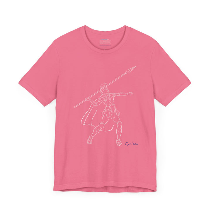 Dark-pink t-shirt with a white line graphic of Cynisca in Spartan armor mid-action, throwing a spear with an extended arm, and the blue text 'Cynisca' below the design.