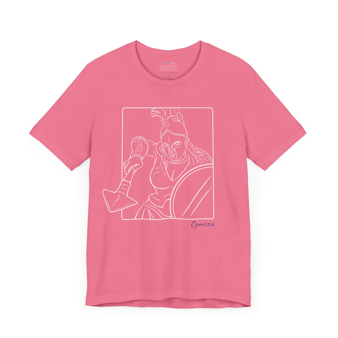 Dark-pink t-shirt with a white line graphic of Cynisca in a dynamic close-up pose, wearing a helmet and holding spear and shield inside a rectangular frame, with the blue text 'Cynisca' below the design.