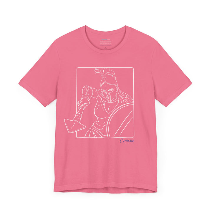 Dark-pink t-shirt with a white line graphic of Cynisca in a dynamic close-up pose, wearing a helmet and holding spear and shield inside a rectangular frame, with the blue text 'Cynisca' below the design.