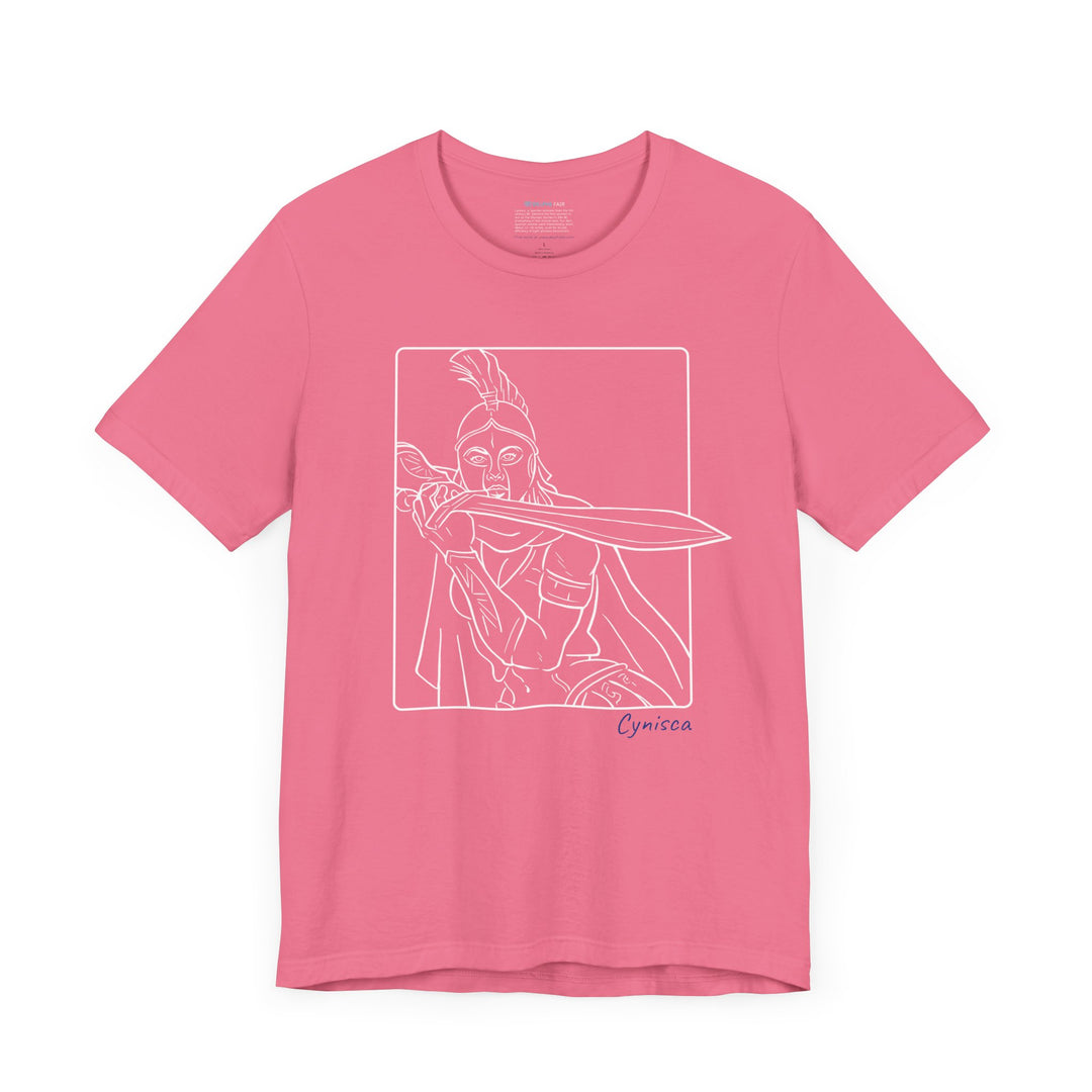 Dark-pink t-shirt with a white line graphic of Cynisca in a dramatic close-up pose, holding a sword across her chest inside a rectangular frame, with the blue text 'Cynisca' below the design.