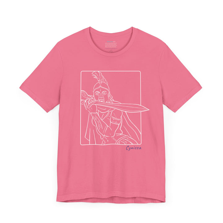Dark-pink t-shirt with a white line graphic of Cynisca in a dramatic close-up pose, holding a sword across her chest inside a rectangular frame, with the blue text 'Cynisca' below the design.