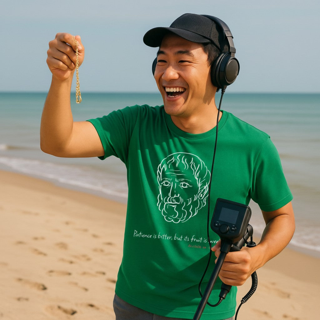 Man on the beach holding a metal detector and a gold bracelet, smiling. Wearing green t-shirt with white graphic of Aristotle, quote 'Patience is bitter, but its fruit is sweet,' and red text 'Aristotle ca. 350 BC'.