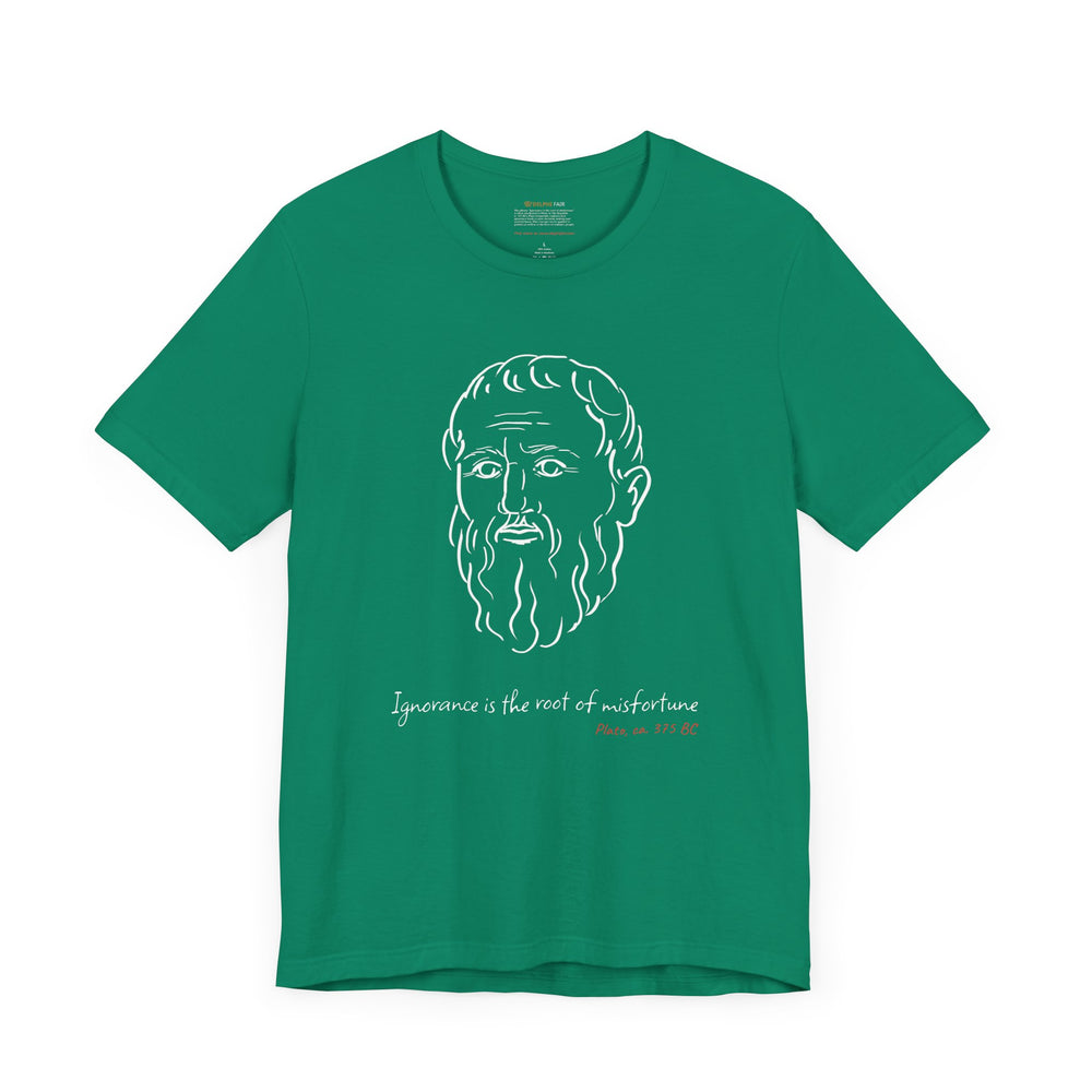 Green t-shirt with a white graphic of Plato's head, the quote 'Ignorance is the root of misfortune,' and the red text 'Plato ca. 375 BC' below.