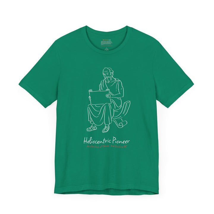 Green t-shirt featuring a white graphic of Aristarchus sitting and reading a scroll, with the text 'Heliocentric Pioneer' and the red text 'Aristarchus of Samos, 3rd Century BC' below.
